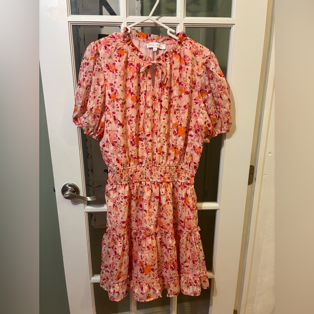 Meet Me In Santorini Dress M Pink Floral Smocked Waist Tiered Boho Mini Dress